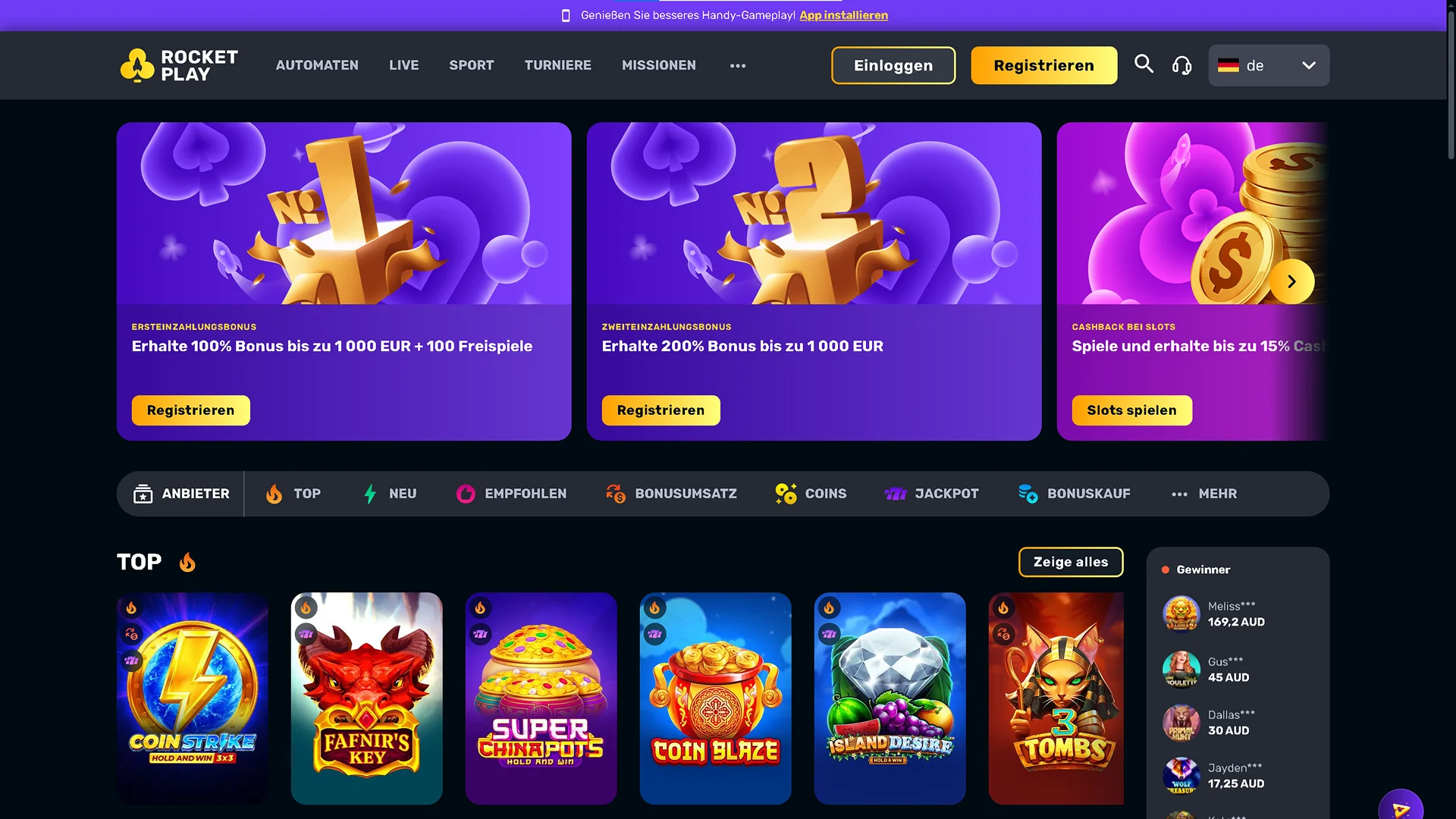 Rocket Play Casino Deutschland Interface